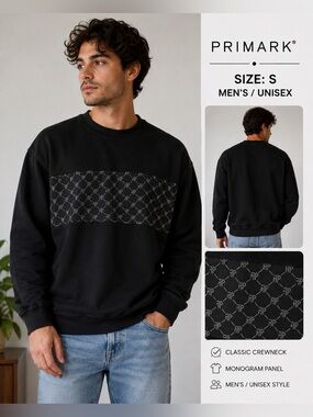 Primark Men’s Unisex Black Monogram Crewneck Sweatshirt Size S/unisex minimalist